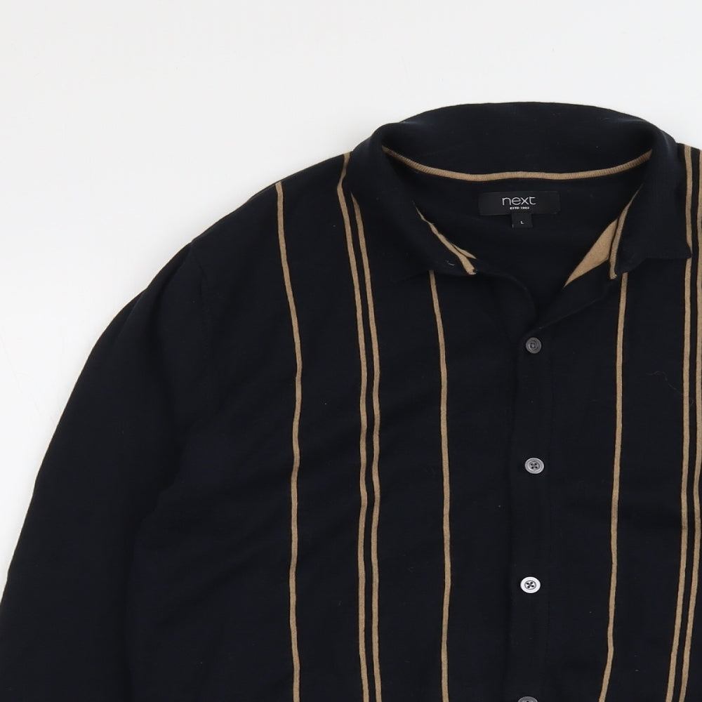 NEXT Mens Blue Collared Striped Cotton Cardigan Jumper Size L Long Sleeve