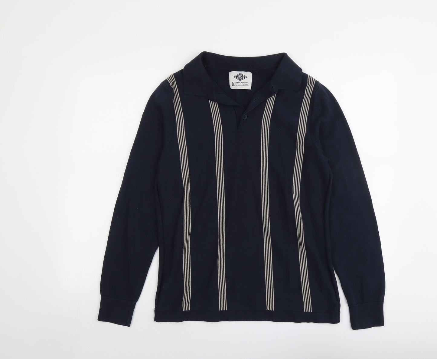 Union Works Mens Blue Collared Striped Cotton Pullover Jumper Size M Long Sleeve