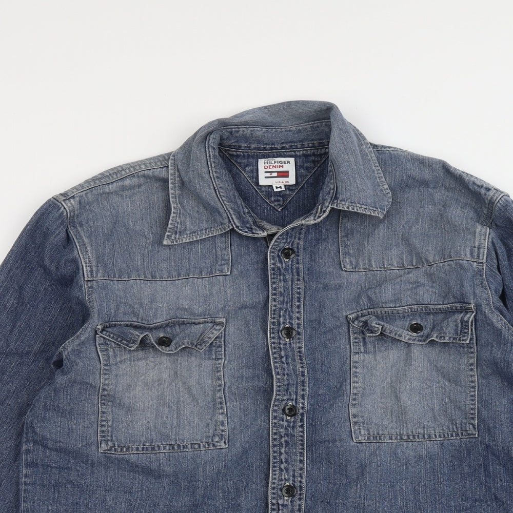 Tommy Hilfiger Mens Blue Cotton Button-Up Size MT Collared Button