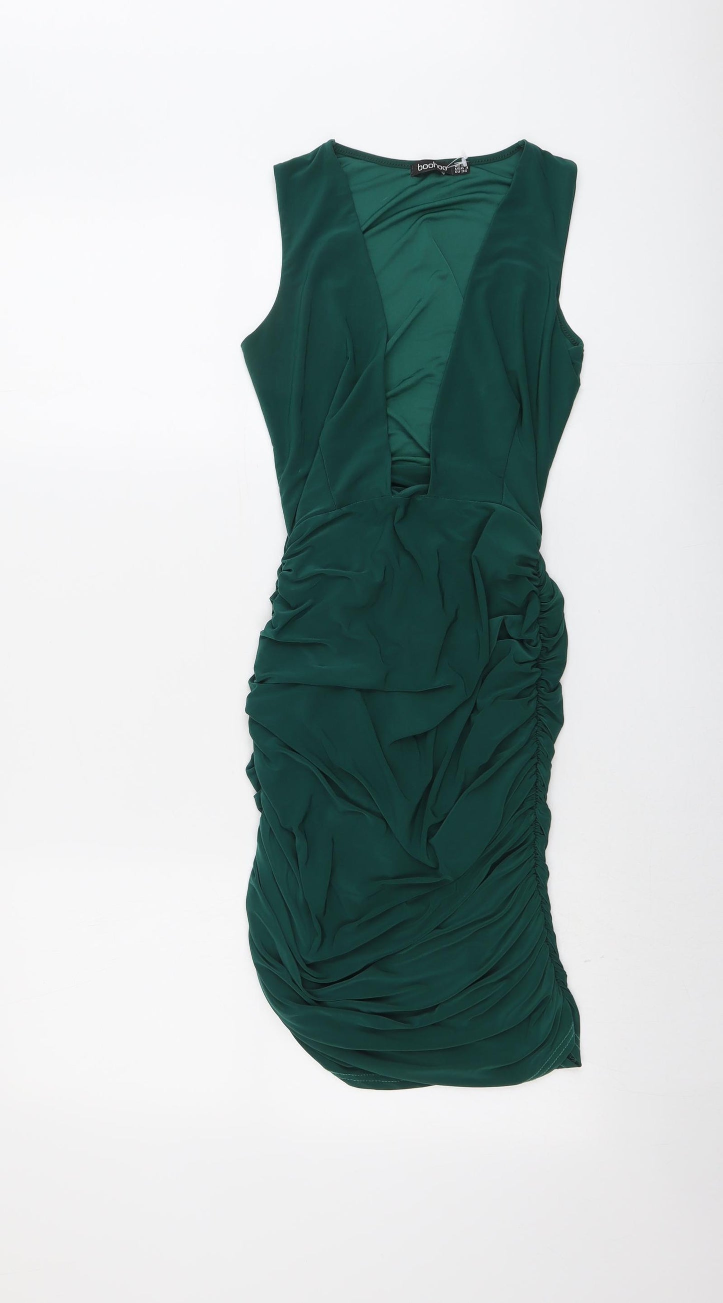 Boohoo Womens Green Polyester Bodycon Size 8 V-Neck Pullover - Plunge Neckline