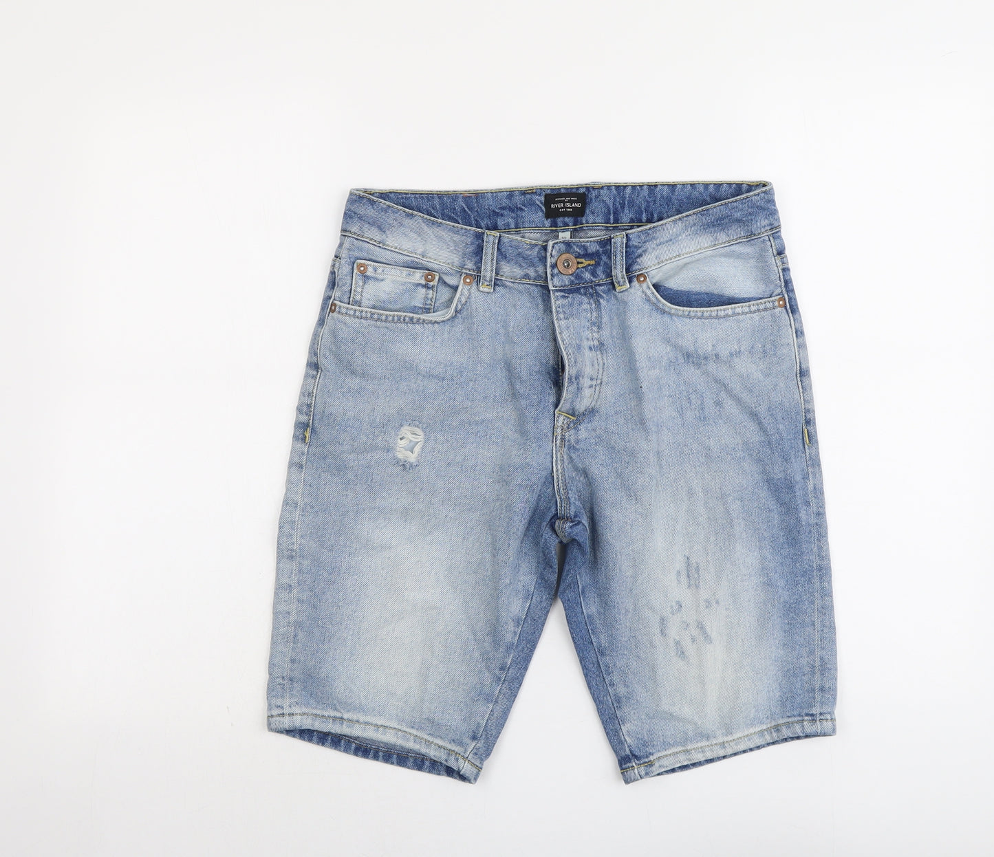 River Island Mens Blue Cotton Chino Shorts Size 30 in L10 in Regular Button