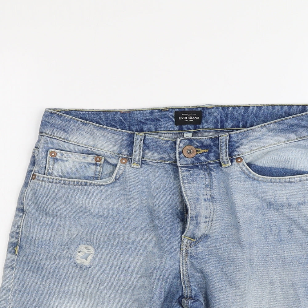 River Island Mens Blue Cotton Chino Shorts Size 30 in L10 in Regular Button