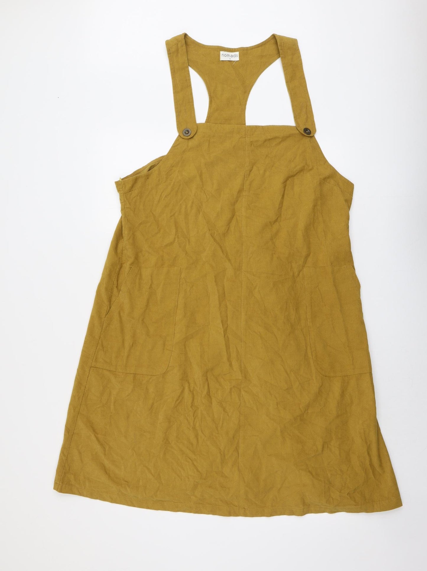 Nomads Womens Yellow Cotton Pinafore/Dungaree Dress Size 18 Square Neck Button