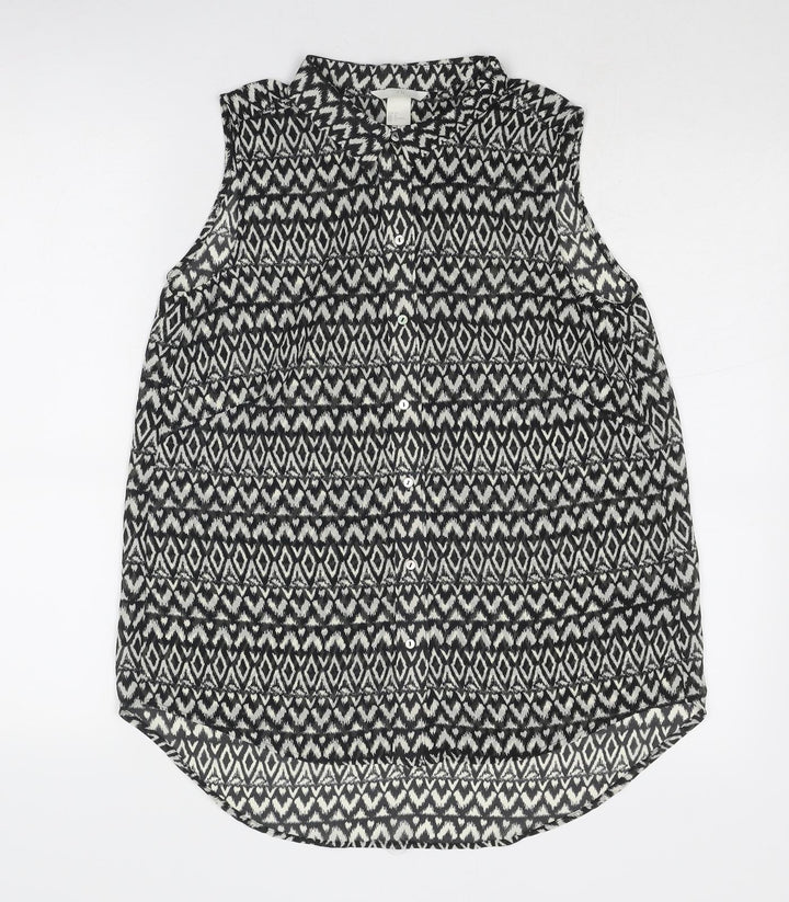 H&M Womens Black Geometric Polyester Basic Button-Up Size 8 Collared