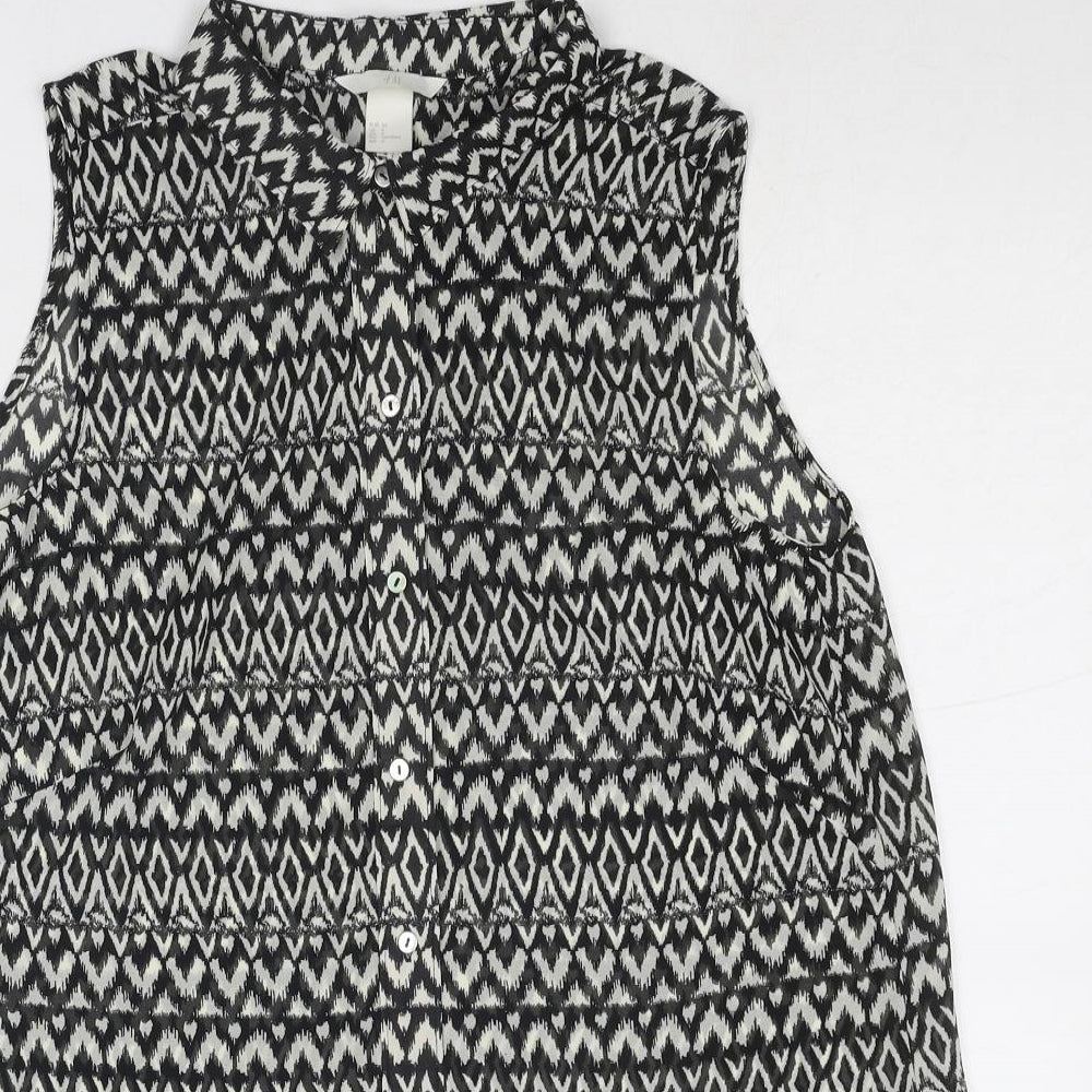 H&M Womens Black Geometric Polyester Basic Button-Up Size 8 Collared