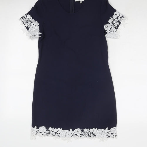 Rare London Womens Blue Polyester Shift Size 6 Round Neck Zip - Crocheted Lace Detail
