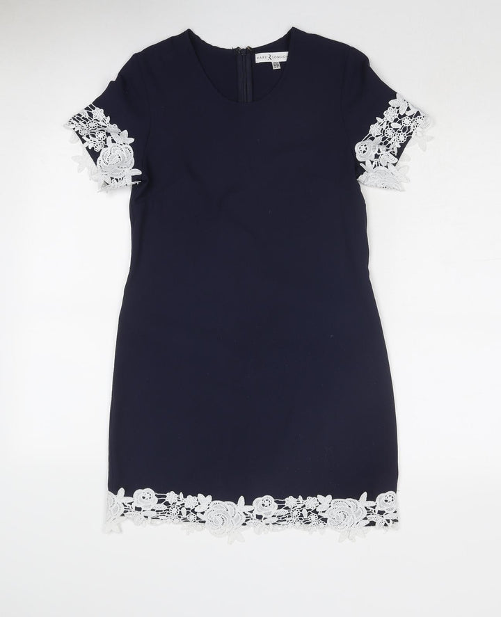Rare London Womens Blue Polyester Shift Size 6 Round Neck Zip - Crocheted Lace Detail