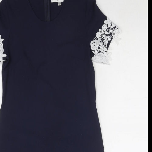 Rare London Womens Blue Polyester Shift Size 6 Round Neck Zip - Crocheted Lace Detail