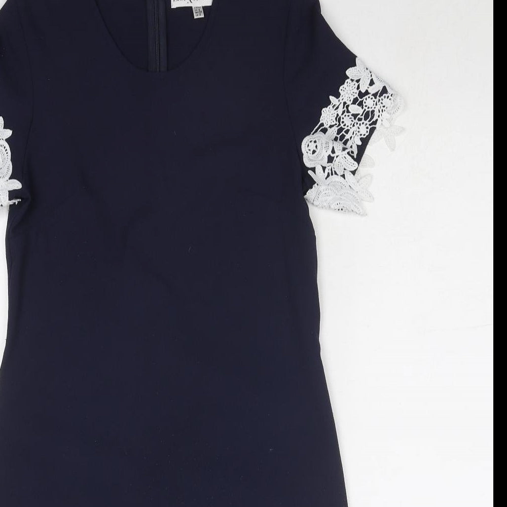 Rare London Womens Blue Polyester Shift Size 6 Round Neck Zip - Crocheted Lace Detail