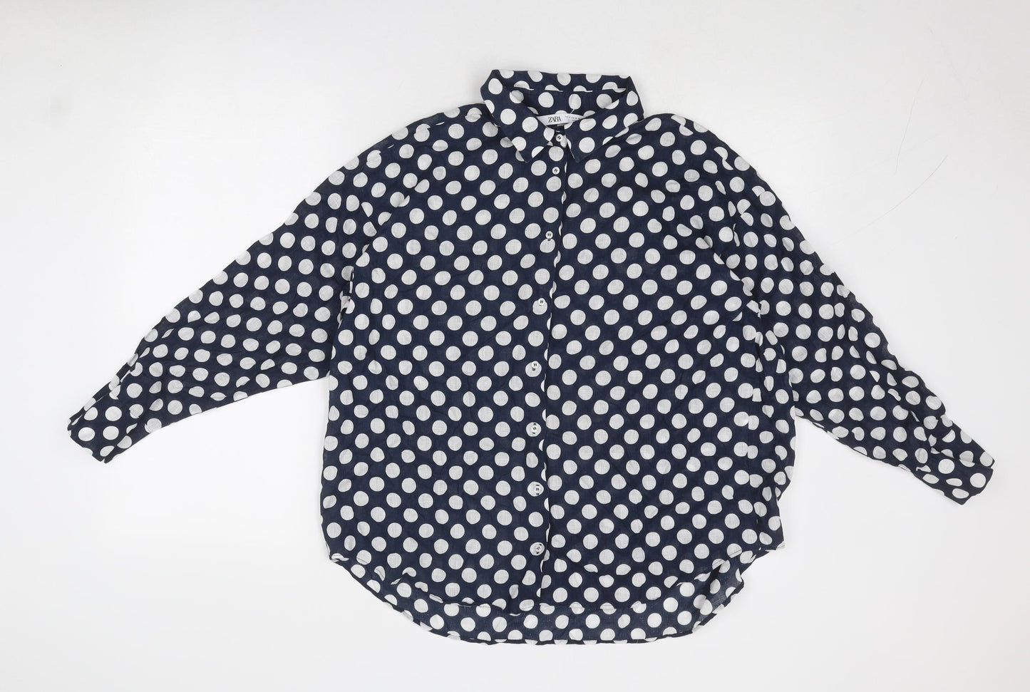 Zara Womens Blue Polka Dot Polyester Basic Button-Up Size M Collared