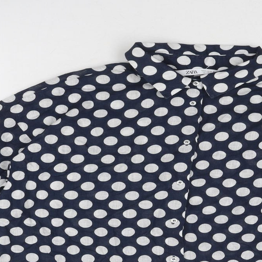 Zara Womens Blue Polka Dot Polyester Basic Button-Up Size M Collared