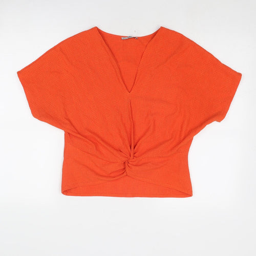 Zara Womens Orange Polyester Basic Blouse Size S V-Neck - Knot Front