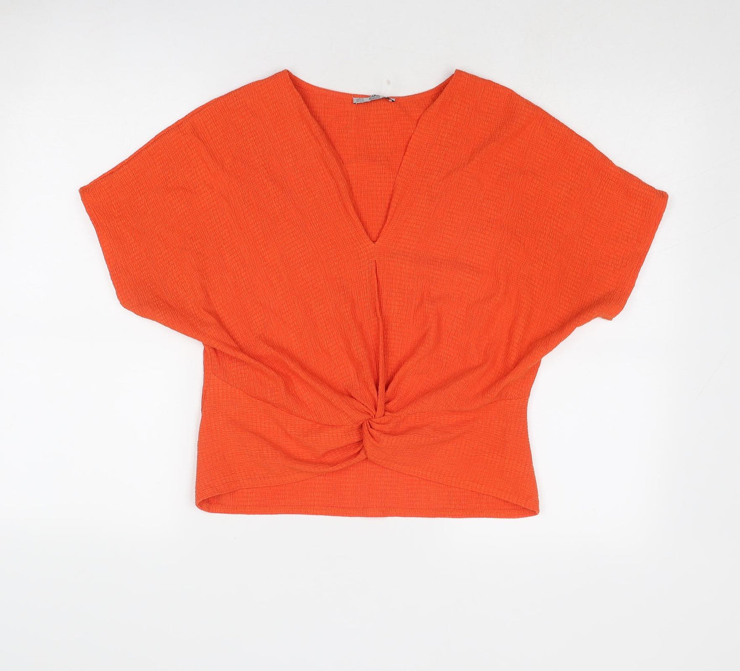 Zara Womens Orange Polyester Basic Blouse Size S V-Neck - Knot Front