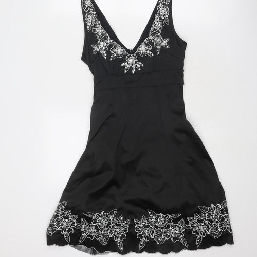 Jane Norman Womens Black Floral Polyester Fit & Flare Size 10 V-Neck Zip
