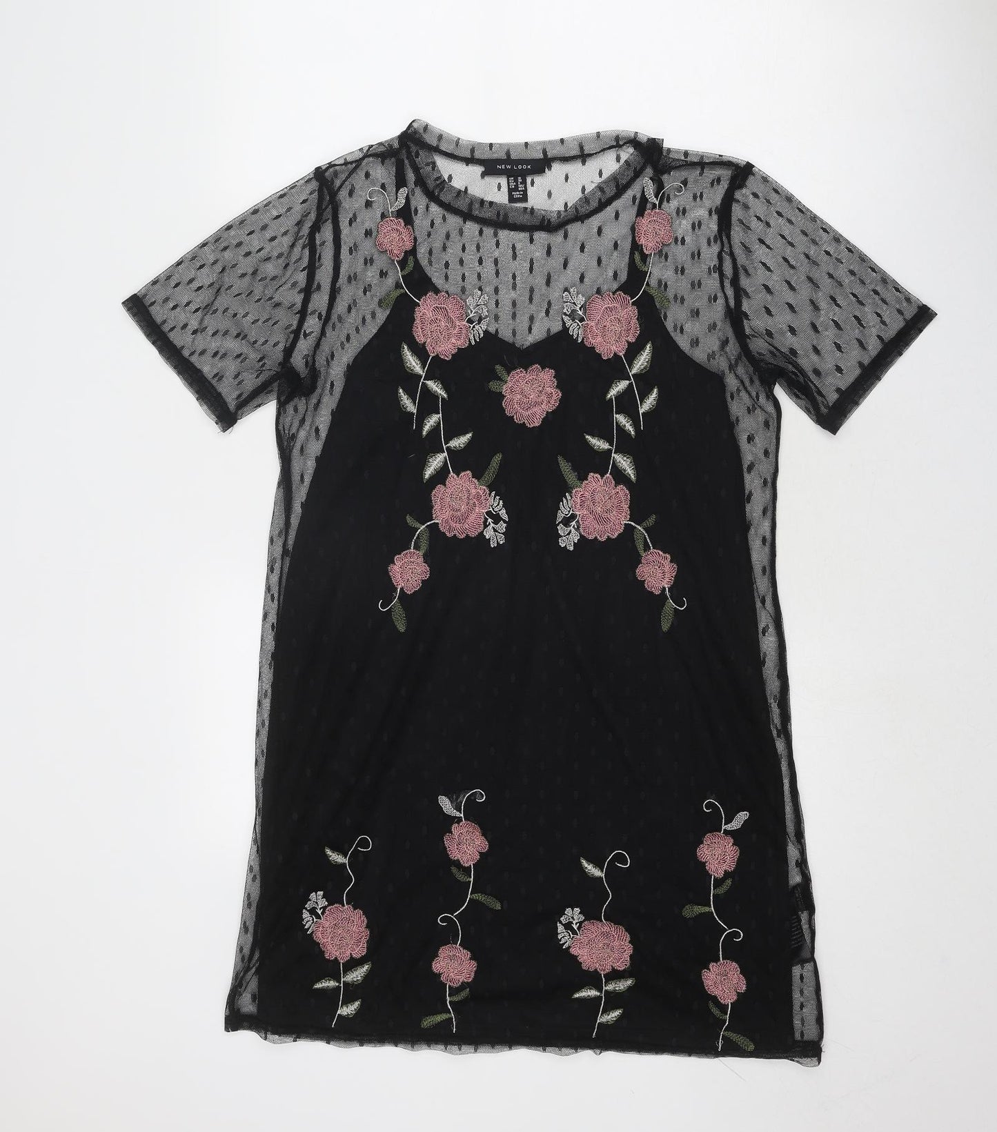 New Look Womens Black Floral Polyester T-Shirt Dress Size 10 Boat Neck Pullover