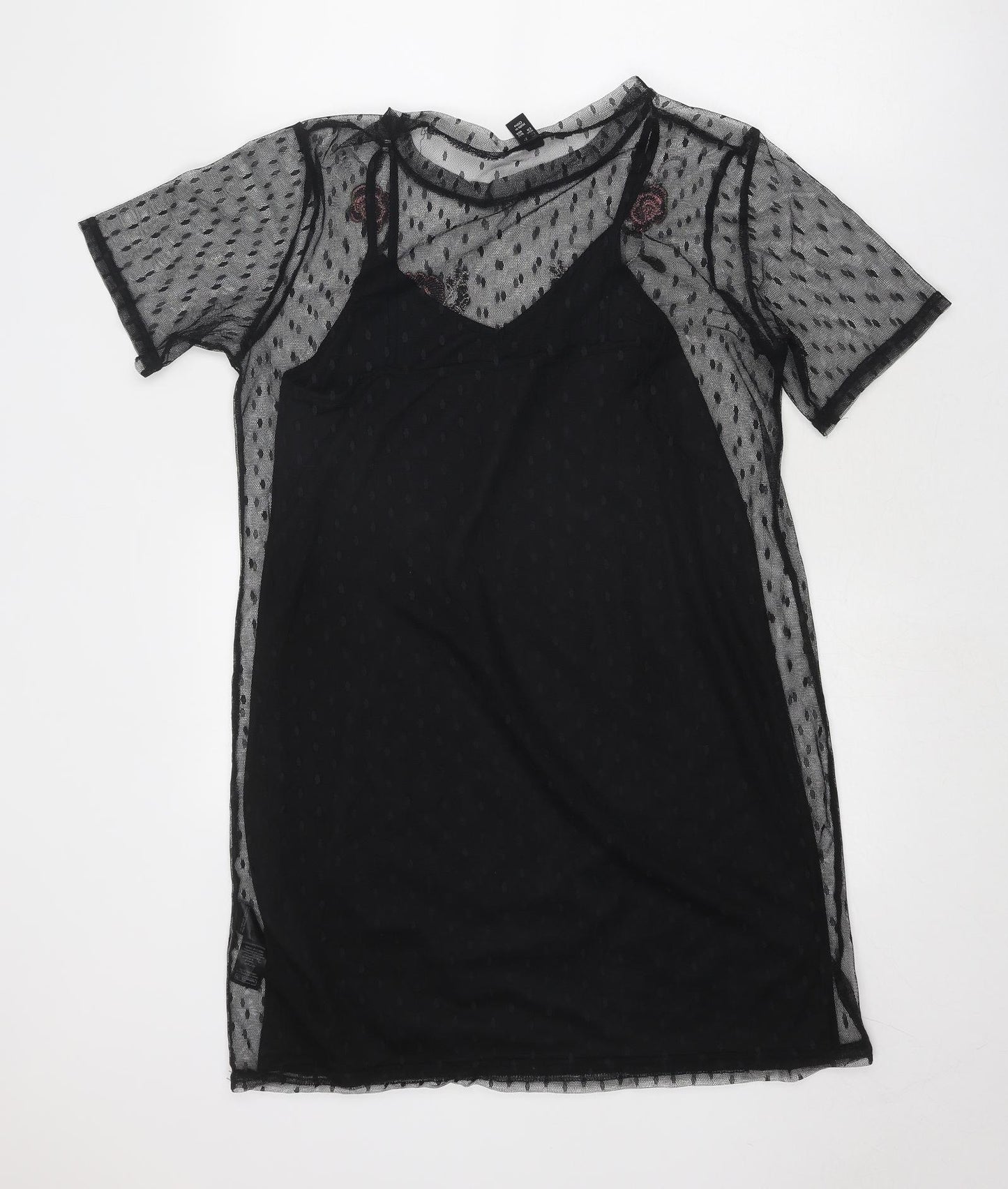 New Look Womens Black Floral Polyester T-Shirt Dress Size 10 Boat Neck Pullover