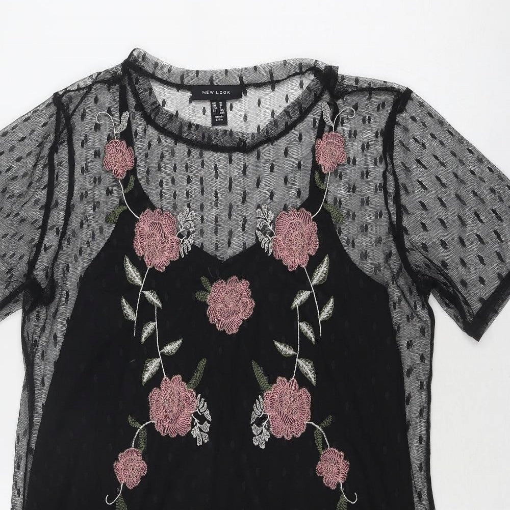 New Look Womens Black Floral Polyester T-Shirt Dress Size 10 Boat Neck Pullover