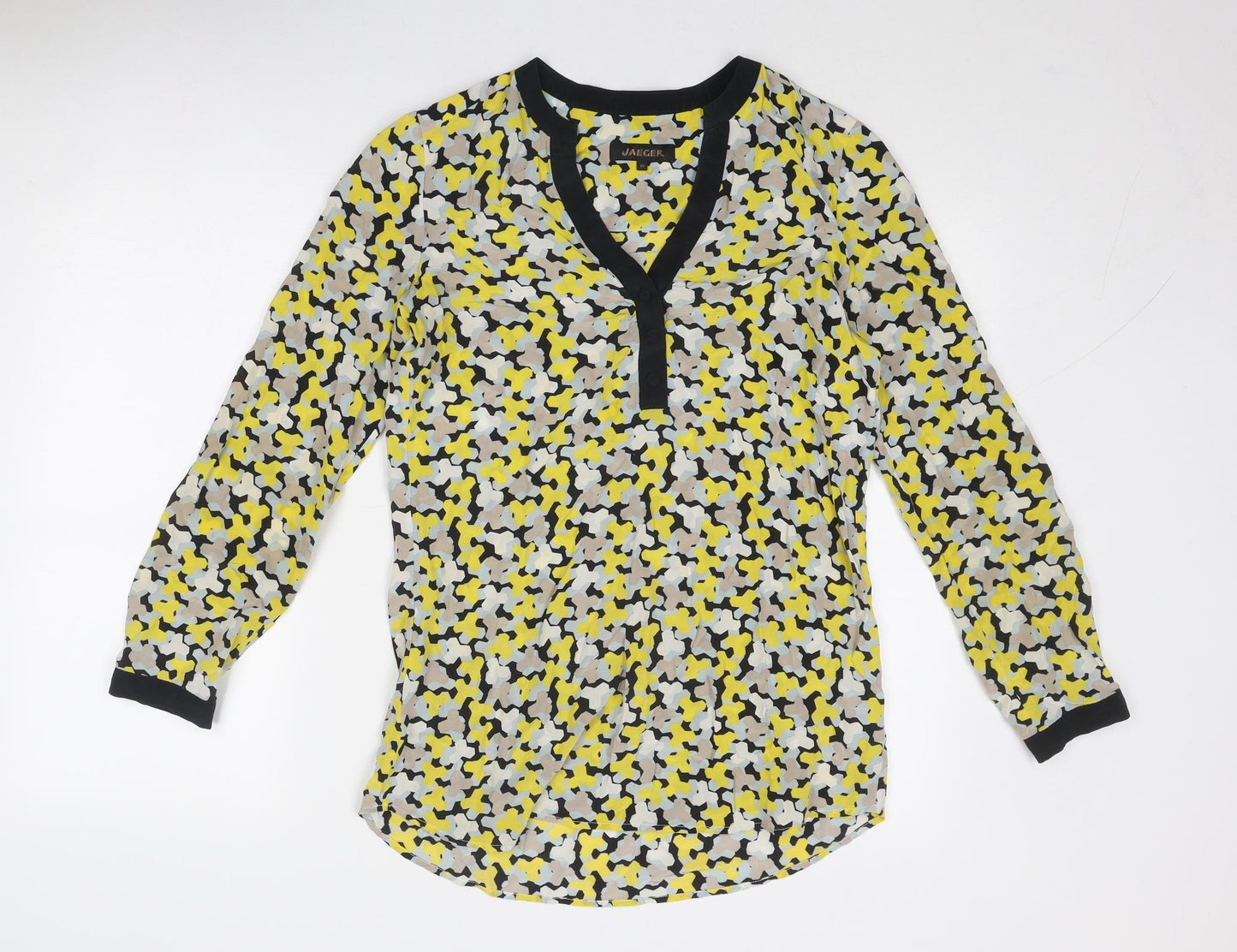 Jaeger Womens Multicoloured Geometric Polyester Basic Blouse Size 10 V-Neck - Contrasting Trim