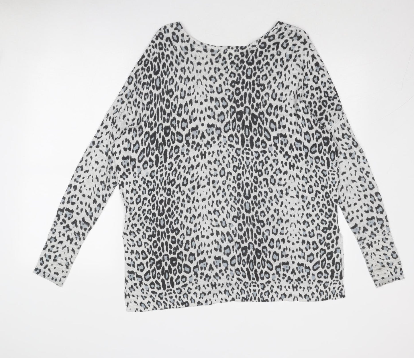 H&M Womens Grey Boat Neck Animal Print Acrylic Pullover Jumper Size S - Leopard Pattern