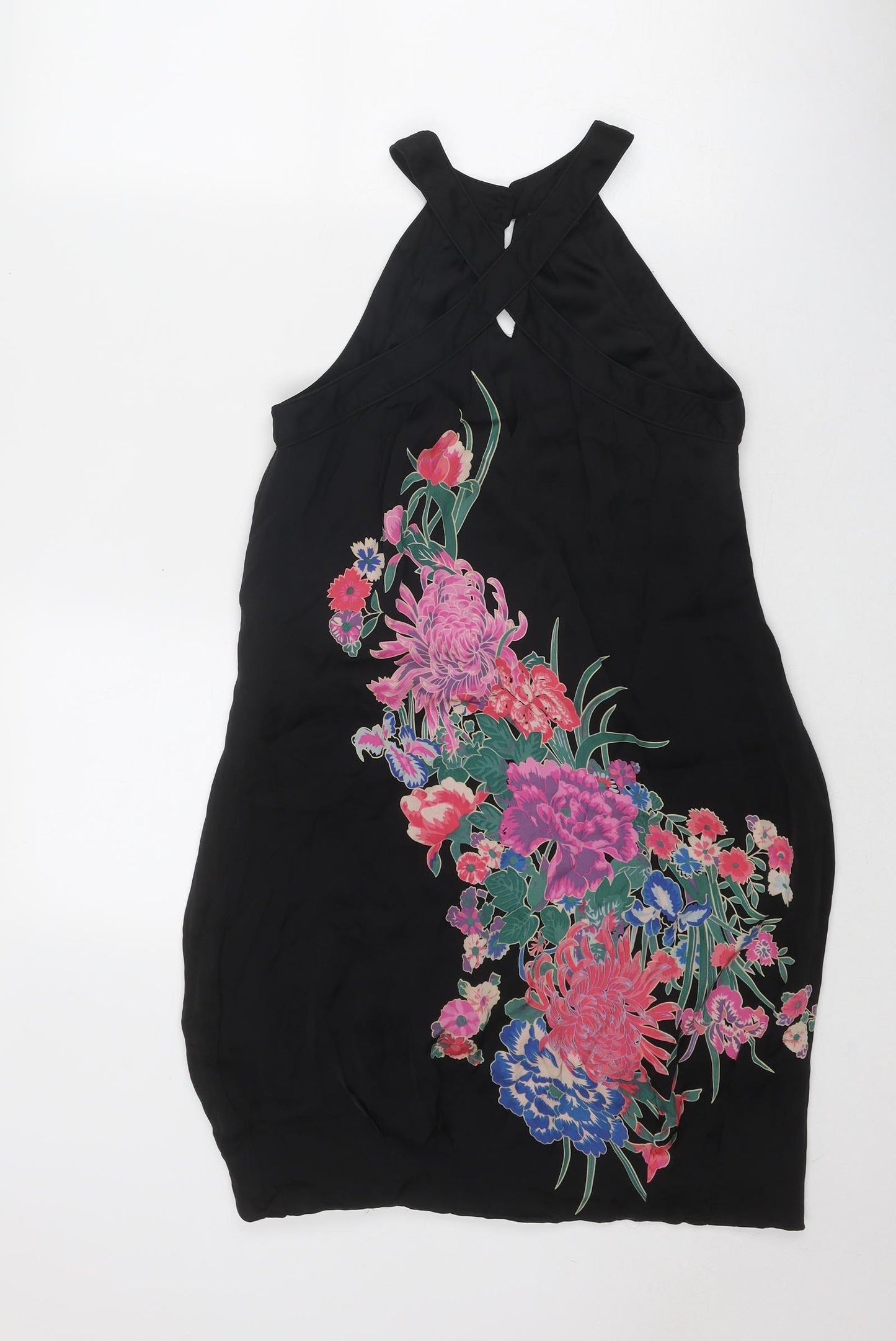 Warehouse Womens Black Floral Silk A-Line Size 6 Round Neck Button