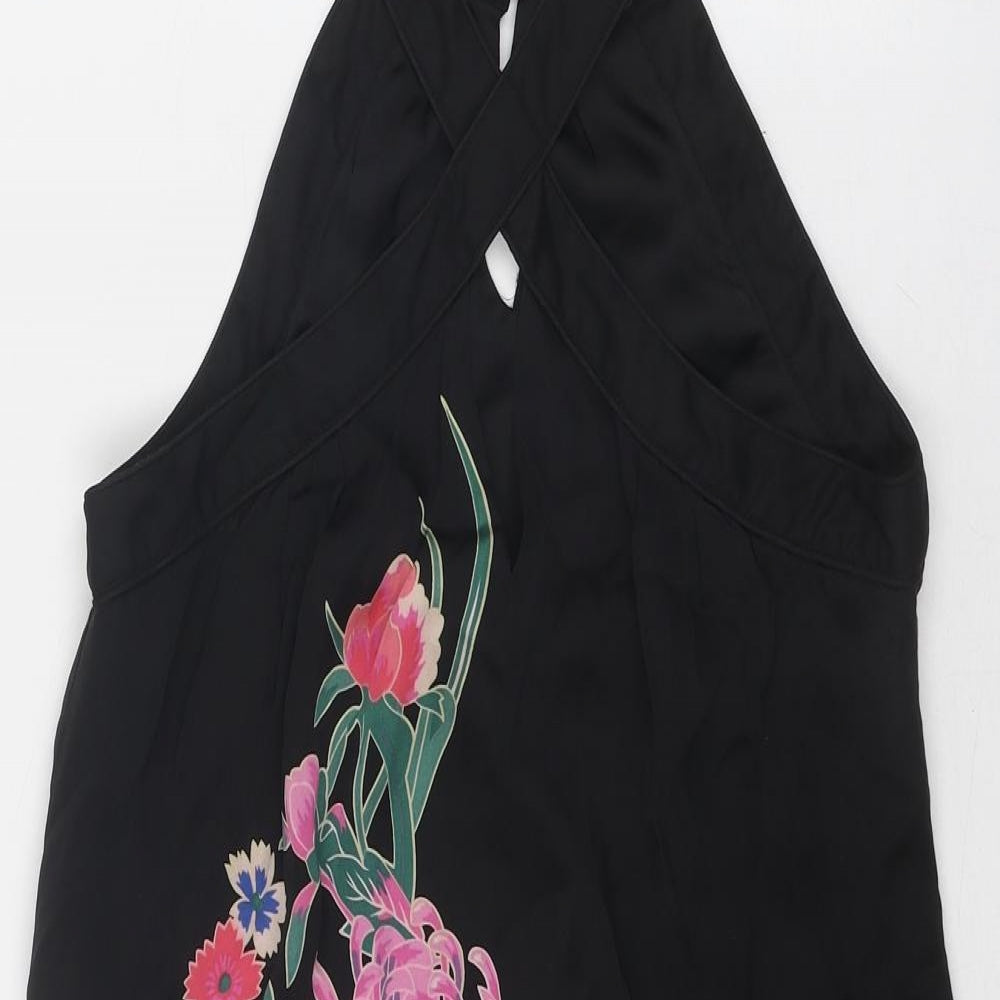 Warehouse Womens Black Floral Silk A-Line Size 6 Round Neck Button