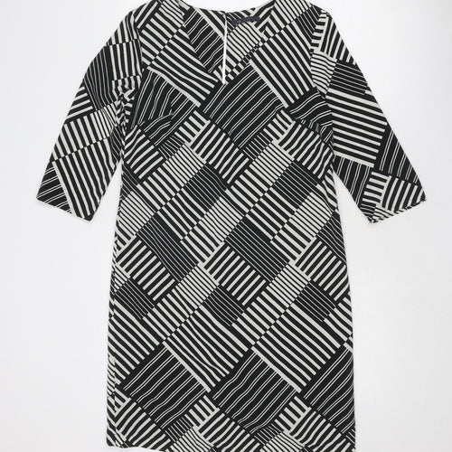 Marks and Spencer Womens Black Geometric Polyester A-Line Size 10 V-Neck Button