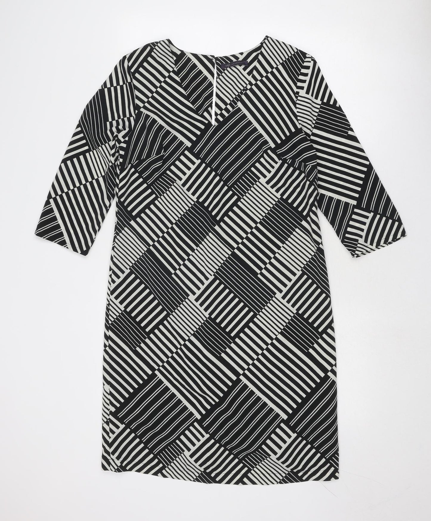 Marks and Spencer Womens Black Geometric Polyester A-Line Size 10 V-Neck Button