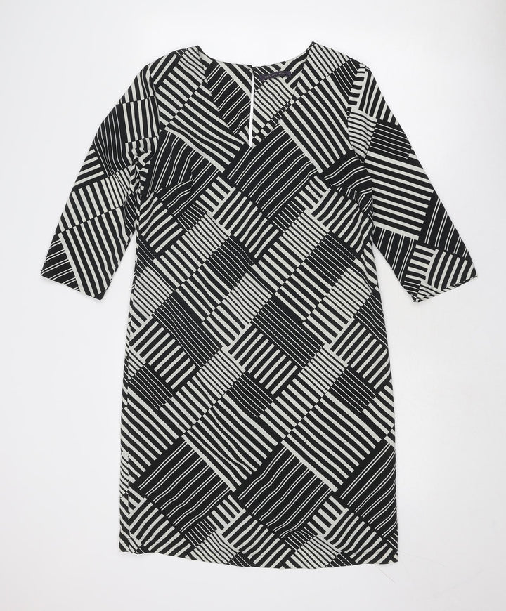 Marks and Spencer Womens Black Geometric Polyester A-Line Size 10 V-Neck Button