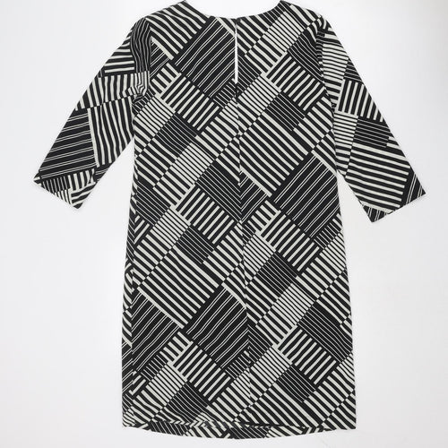 Marks and Spencer Womens Black Geometric Polyester A-Line Size 10 V-Neck Button