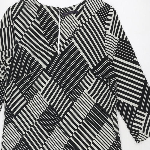 Marks and Spencer Womens Black Geometric Polyester A-Line Size 10 V-Neck Button
