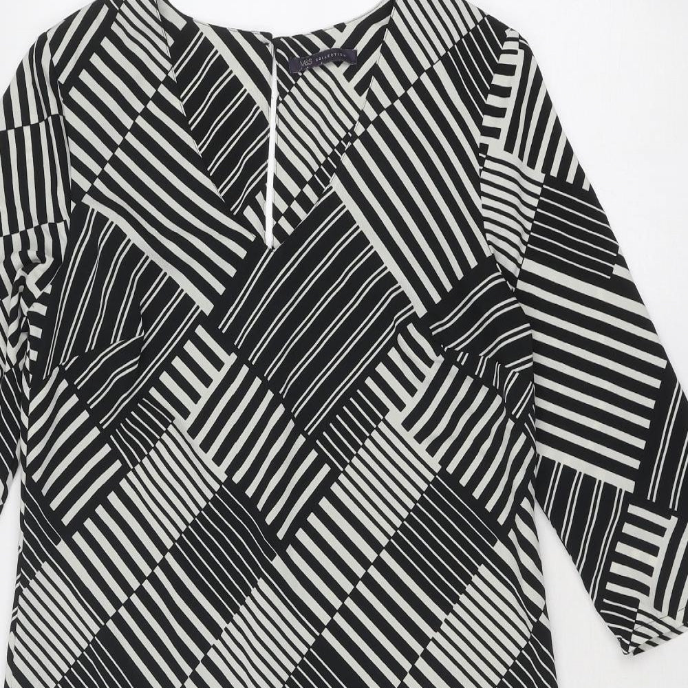 Marks and Spencer Womens Black Geometric Polyester A-Line Size 10 V-Neck Button