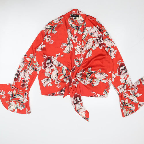 Missguided Womens Red Floral Polyester Basic Blouse Size 10 V-Neck - Tie Front