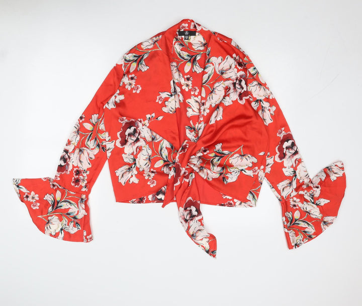 Missguided Womens Red Floral Polyester Basic Blouse Size 10 V-Neck - Tie Front