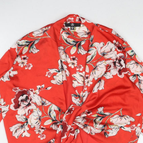 Missguided Womens Red Floral Polyester Basic Blouse Size 10 V-Neck - Tie Front