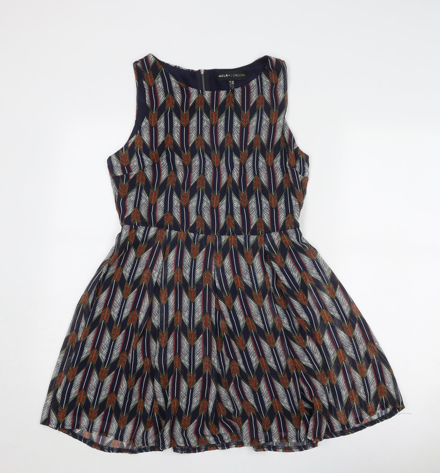 Mela London Womens Multicoloured Geometric Polyester Skater Dress Size 10 Round Neck Zip