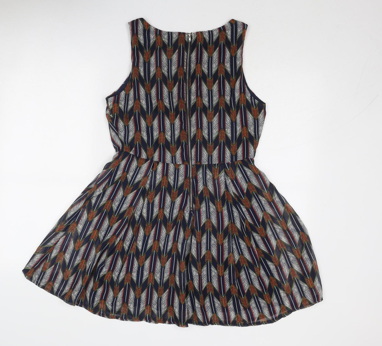 Mela London Womens Multicoloured Geometric Polyester Skater Dress Size 10 Round Neck Zip