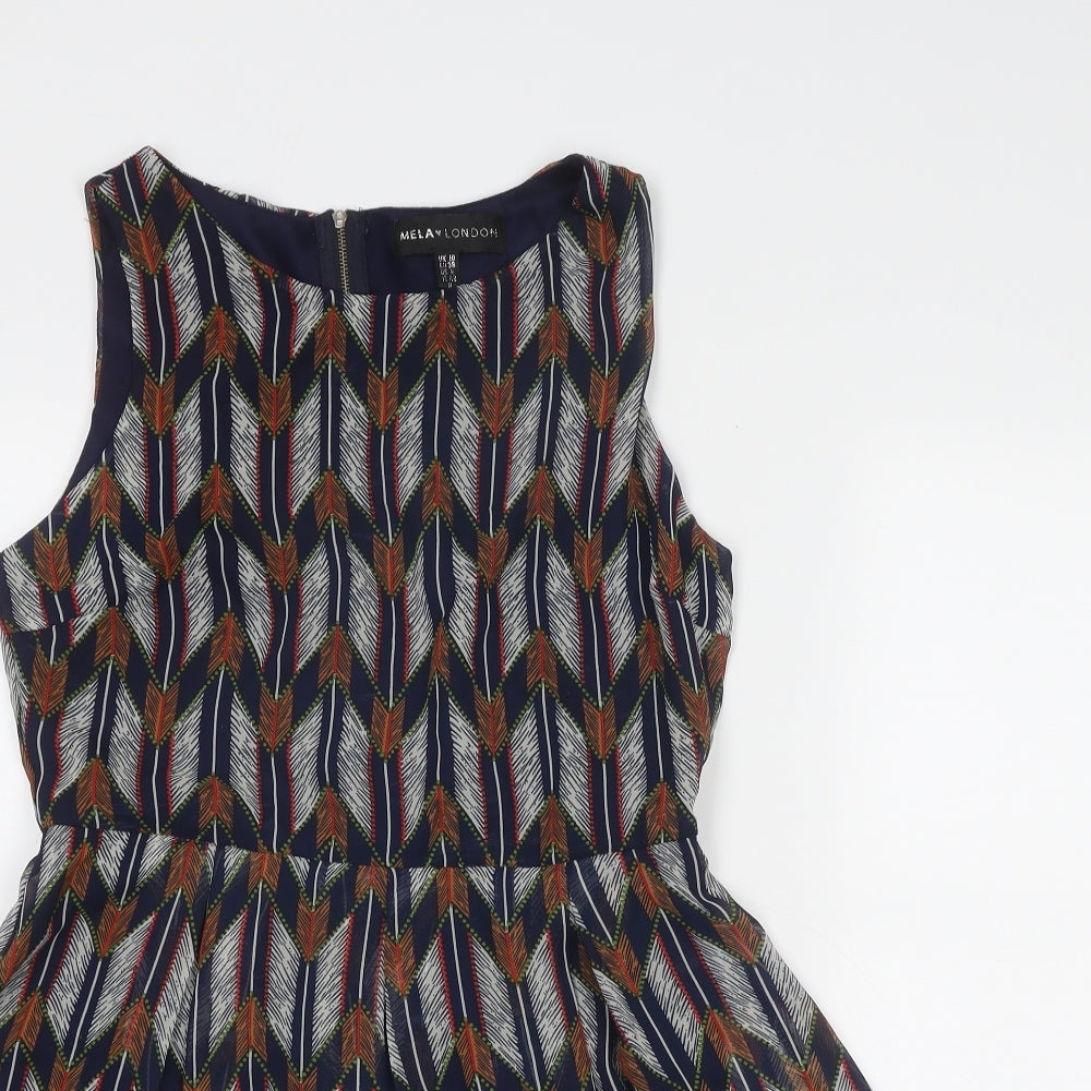 Mela London Womens Multicoloured Geometric Polyester Skater Dress Size 10 Round Neck Zip