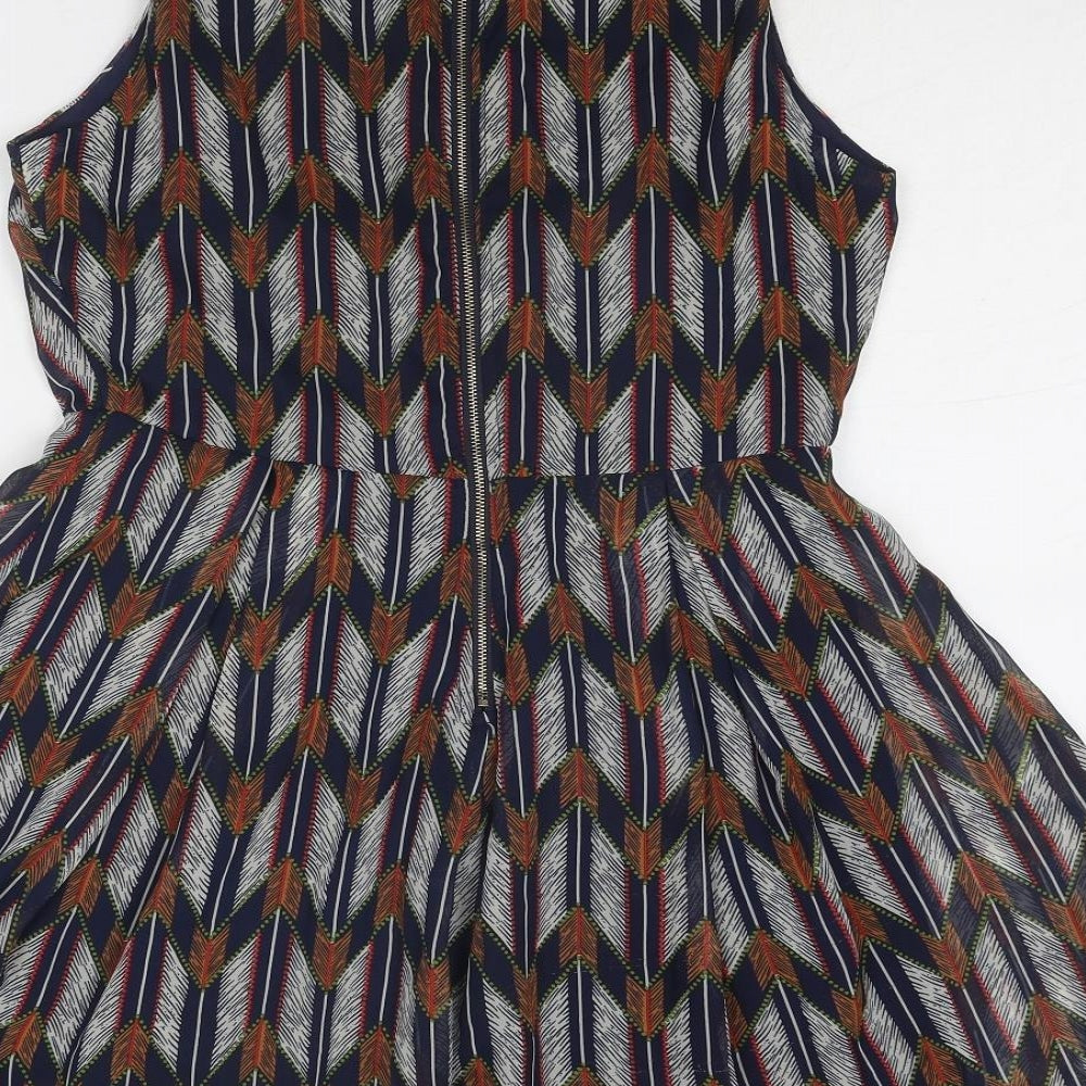 Mela London Womens Multicoloured Geometric Polyester Skater Dress Size 10 Round Neck Zip