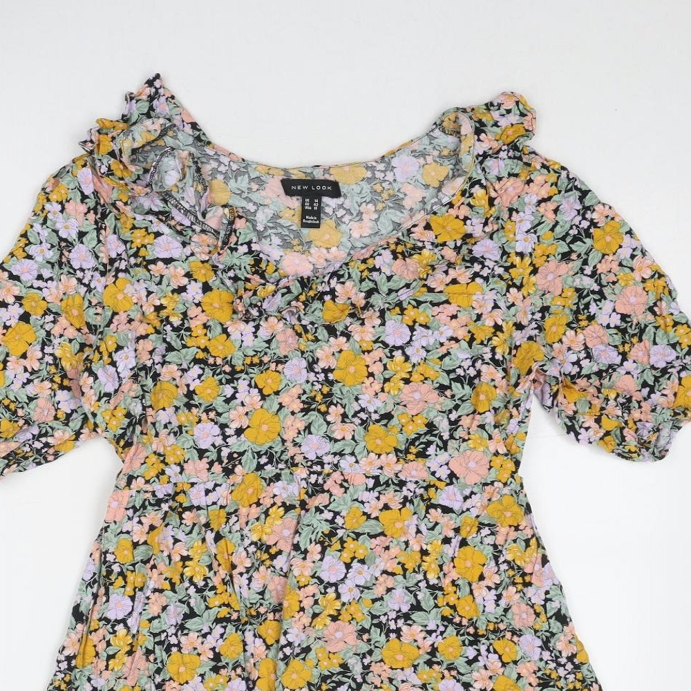 New Look Womens Multicoloured Floral Viscose Skater Dress Size 14 Round Neck Pullover