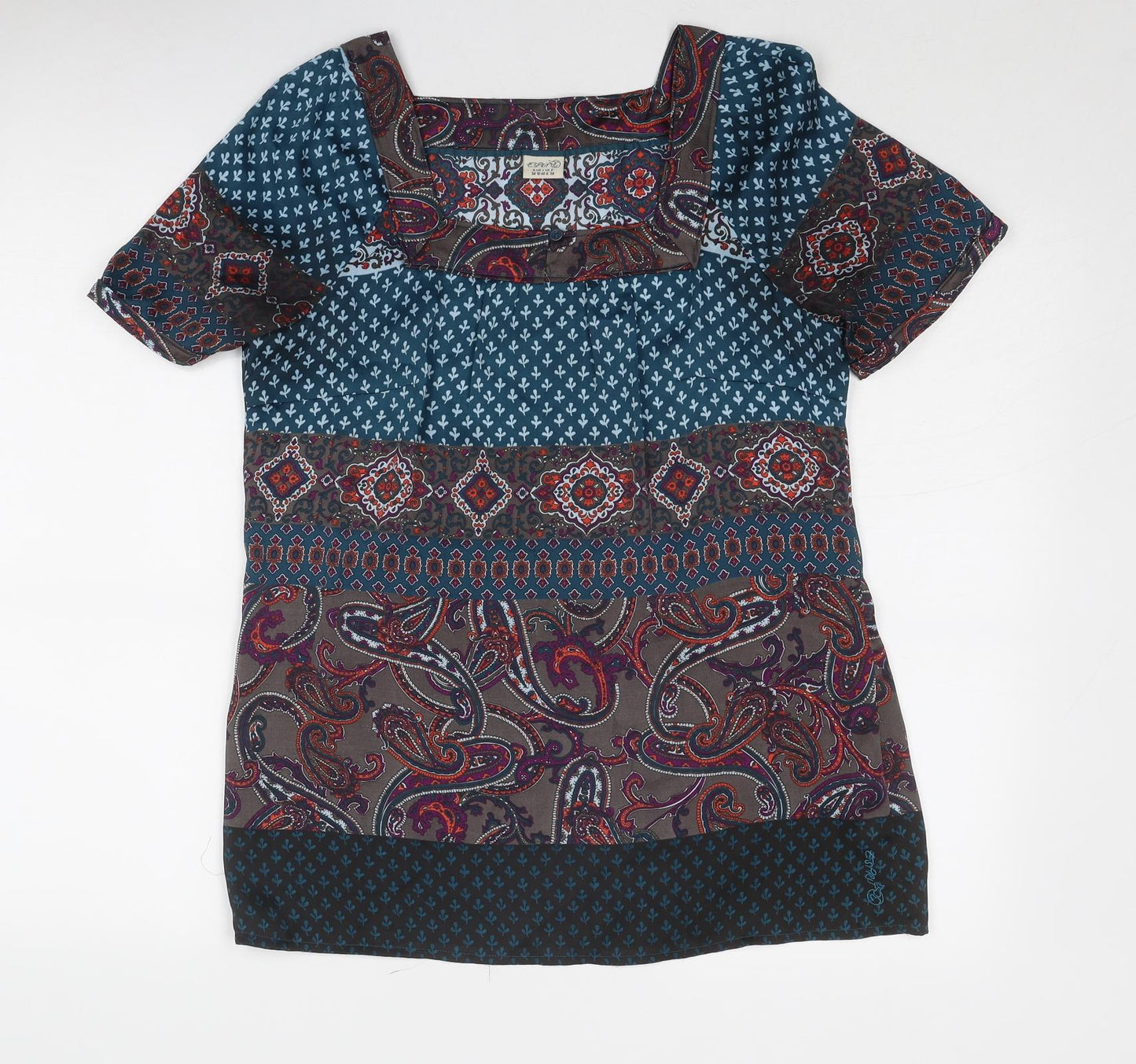 Esprit Womens Blue Geometric Polyester Basic Blouse Size 10 Square Neck