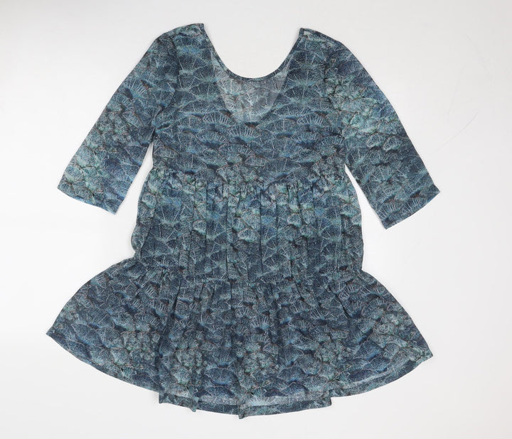 Topshop Womens Blue Geometric Polyester Skater Dress Size 8 Round Neck Pullover