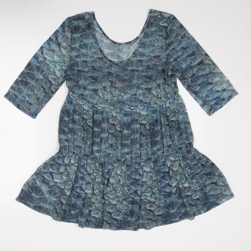 Topshop Womens Blue Geometric Polyester Skater Dress Size 8 Round Neck Pullover