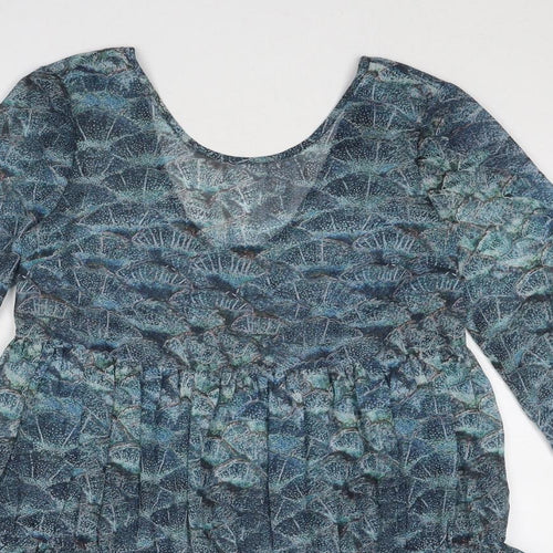 Topshop Womens Blue Geometric Polyester Skater Dress Size 8 Round Neck Pullover