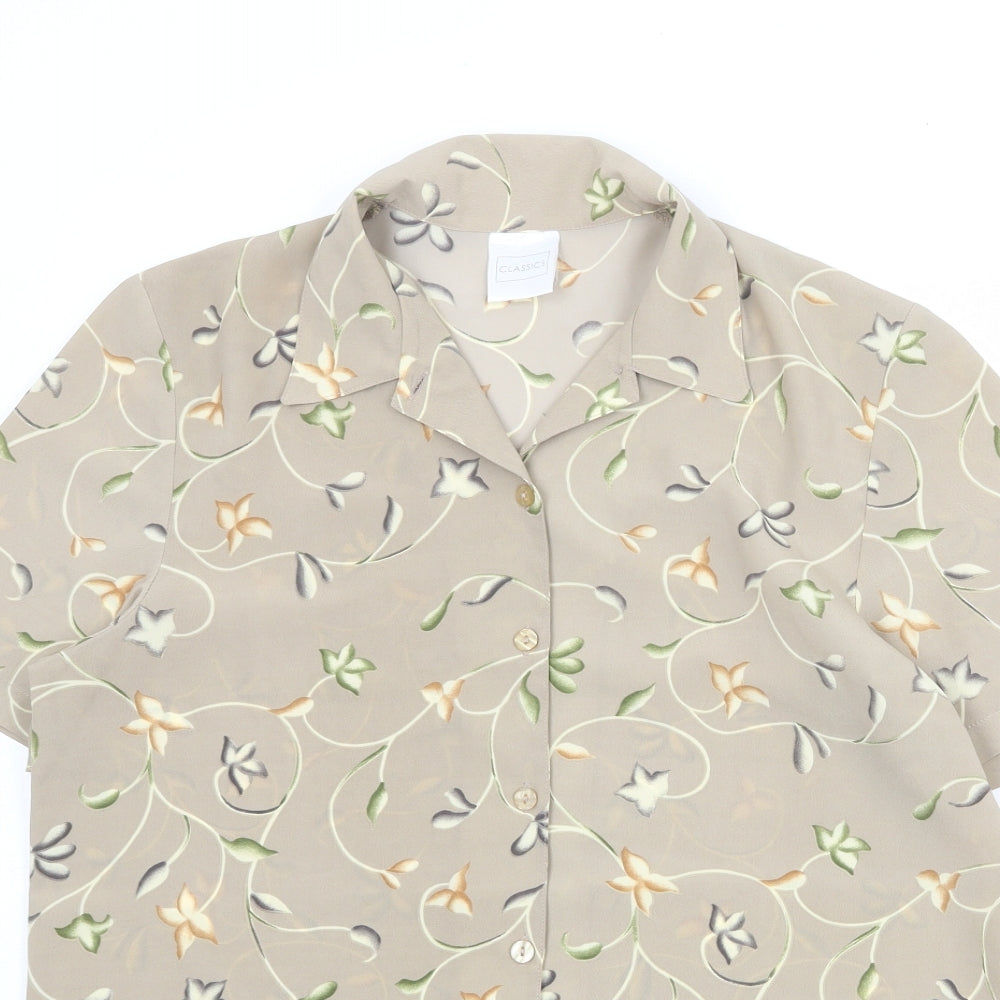 Classic Womens Beige Floral Polyester Basic Button-Up Size 12 Collared