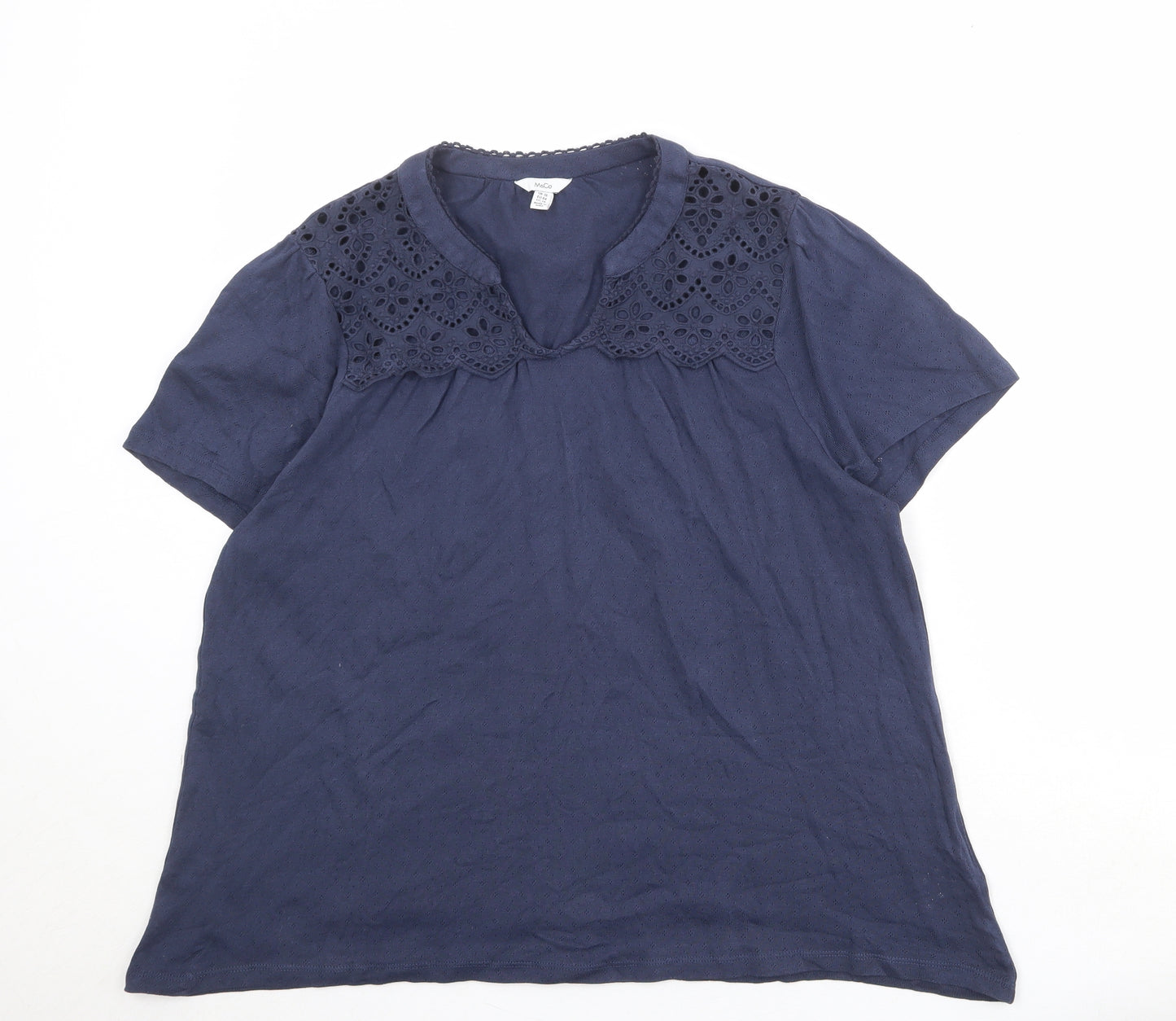 M&Co Womens Blue 100% Cotton Basic Blouse Size 18 V-Neck - Broderie Anglaise