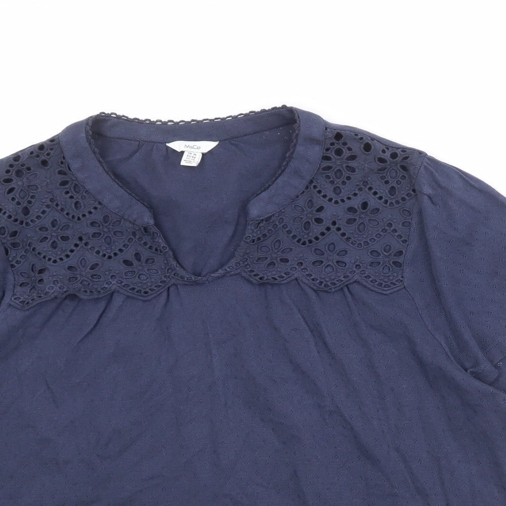 M&Co Womens Blue 100% Cotton Basic Blouse Size 18 V-Neck - Broderie Anglaise