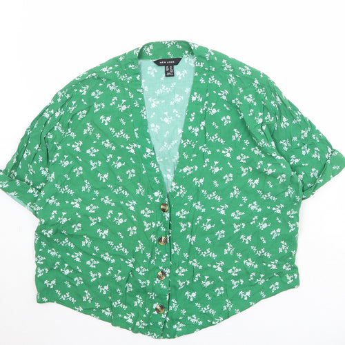New Look Womens Green Floral Viscose Basic Button-Up Size 14 V-Neck