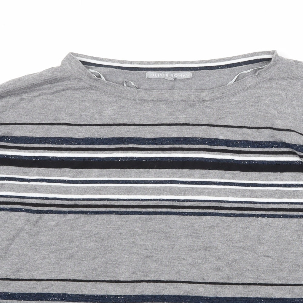 Oliver Bonas Womens Grey Round Neck Striped Viscose Pullover Jumper Size 14