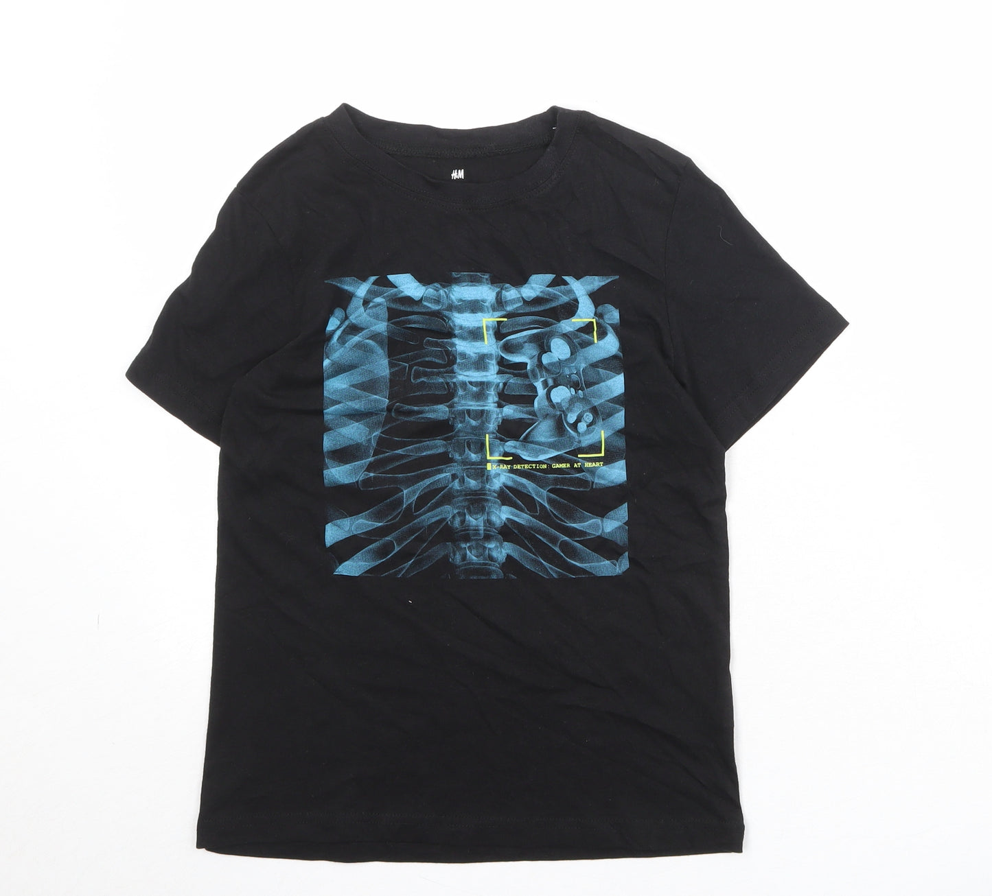 H&M Boys Black 100% Cotton Basic T-Shirt Size 8-9 Years Round Neck Pullover - X-Ray