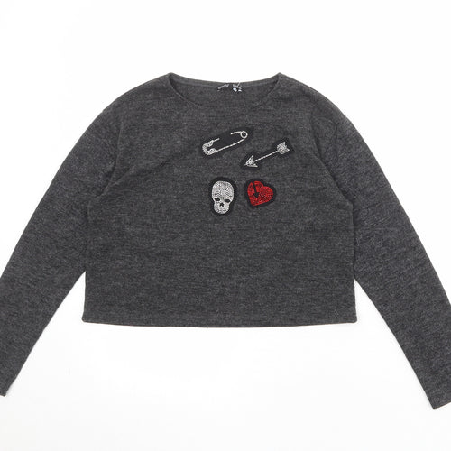 Zara Womens Grey Round Neck Acrylic Pullover Jumper Size M - Badge Detail
